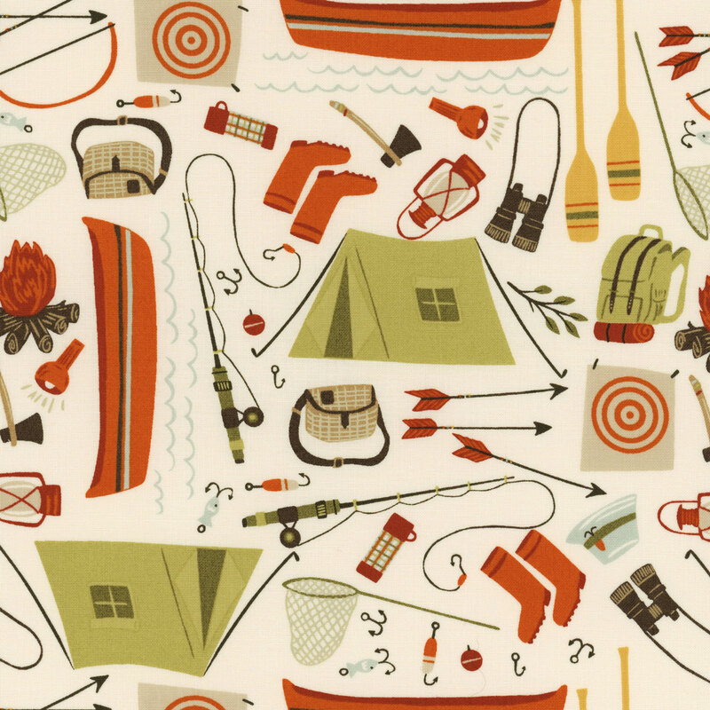 Cream fabric covered in orange, beige and green camping, hunting, and fishing motifs like tents, backpacks, fishing poles, arrows, a canoe, and more.