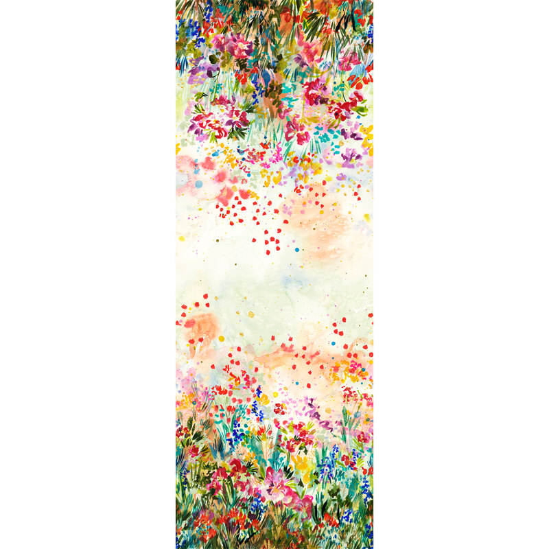 digital image of full selvedge to selvedge of a packed multicolor fabric with watercolor flowers on the top and bottom