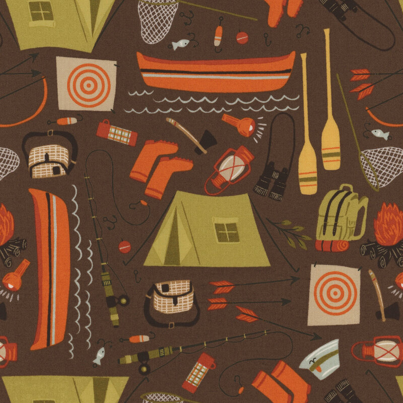 Dark brown fabric covered in orange, beige and green camping, hunting, and fishing motifs like tents, backpacks, fishing poles, arrows, a canoe, and more.