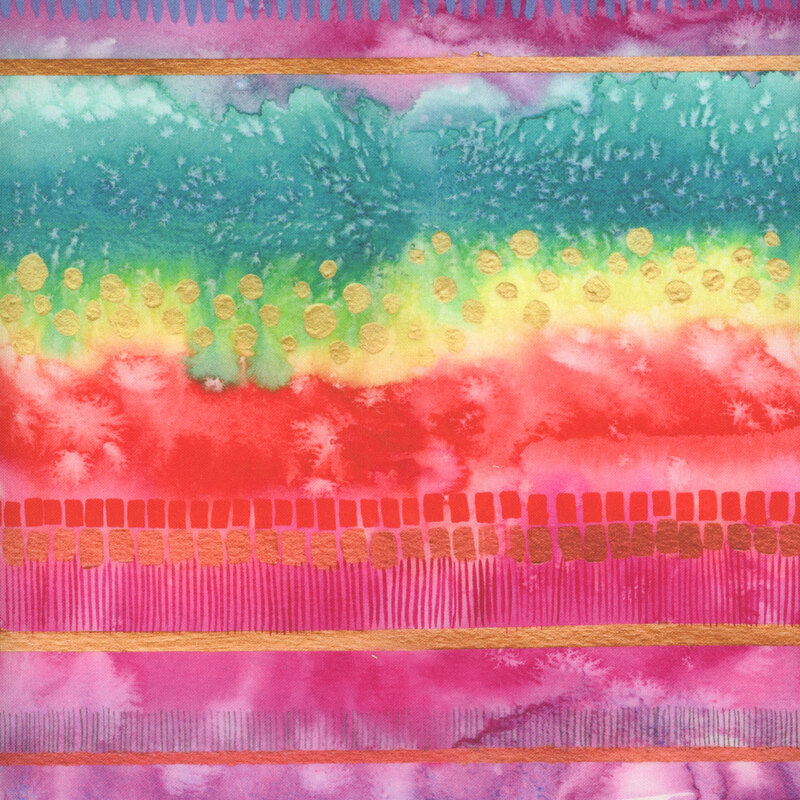 fabric with a rainbow of watercolor mottling with painted dots, lines, and rectangles
