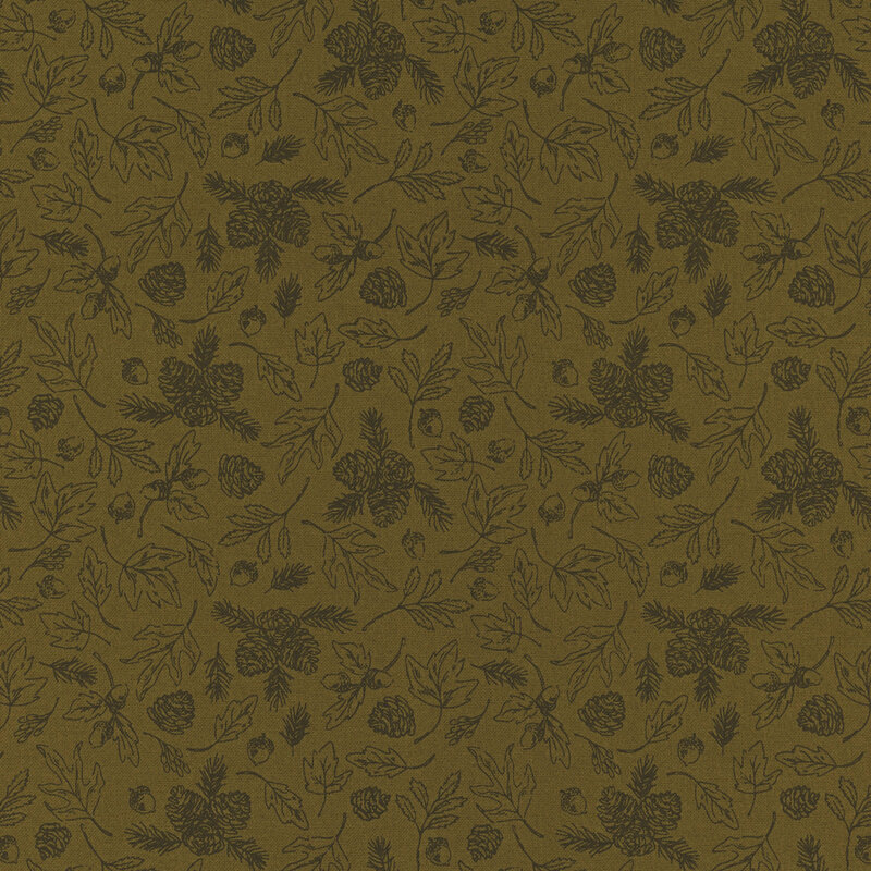 Green tonal fabric covered in tossed fall leaves with acorns and pinecones.