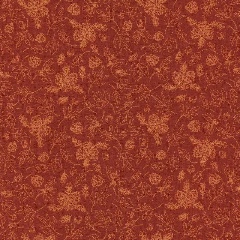 Orange tonal fabric covered in tossed fall leaves with acorns and pinecones.