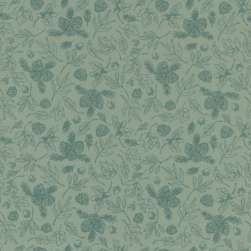 Dusty blue tonal fabric covered in tossed fall leaves with acorns and pinecones.