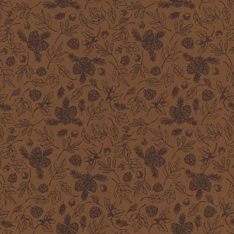 brown tonal fabric covered in tossed fall leaves with acorns and pinecones.