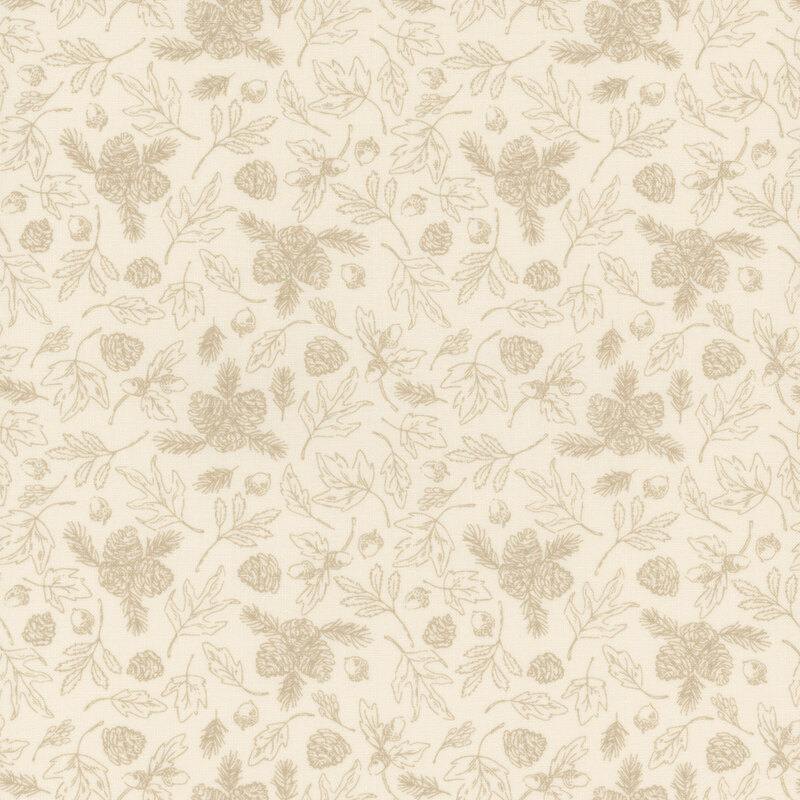 Cream tonal fabric covered in tossed fall leaves with acorns and pinecones.