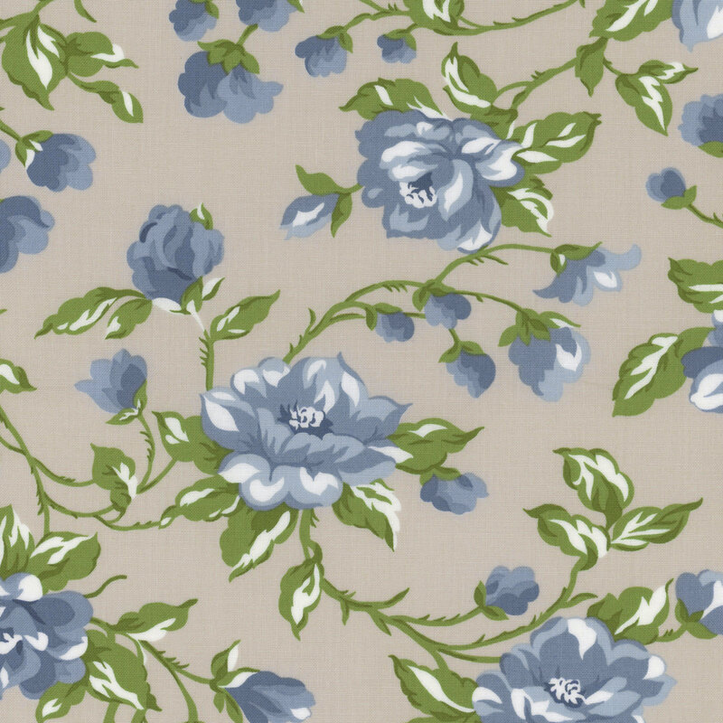 warm gray fabric scattered dusty blue flowers and green vines