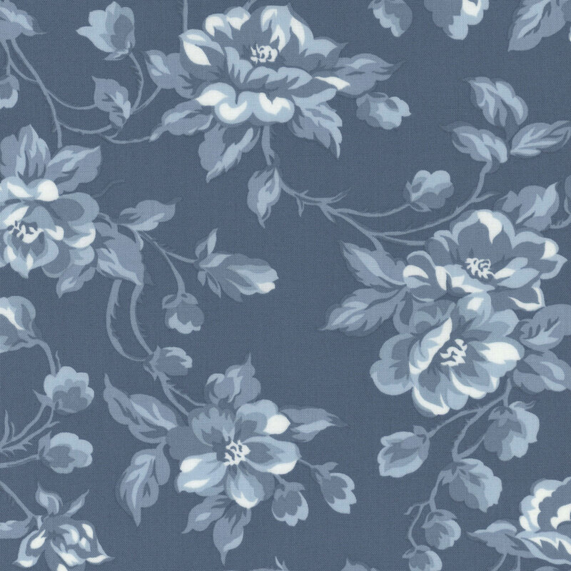 dusty blue fabric scattered light blue flowers vines