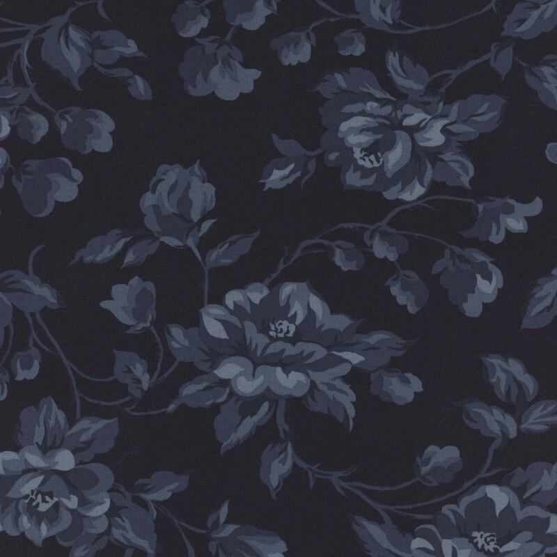 navy blue fabric scattered dark blue flowers vines