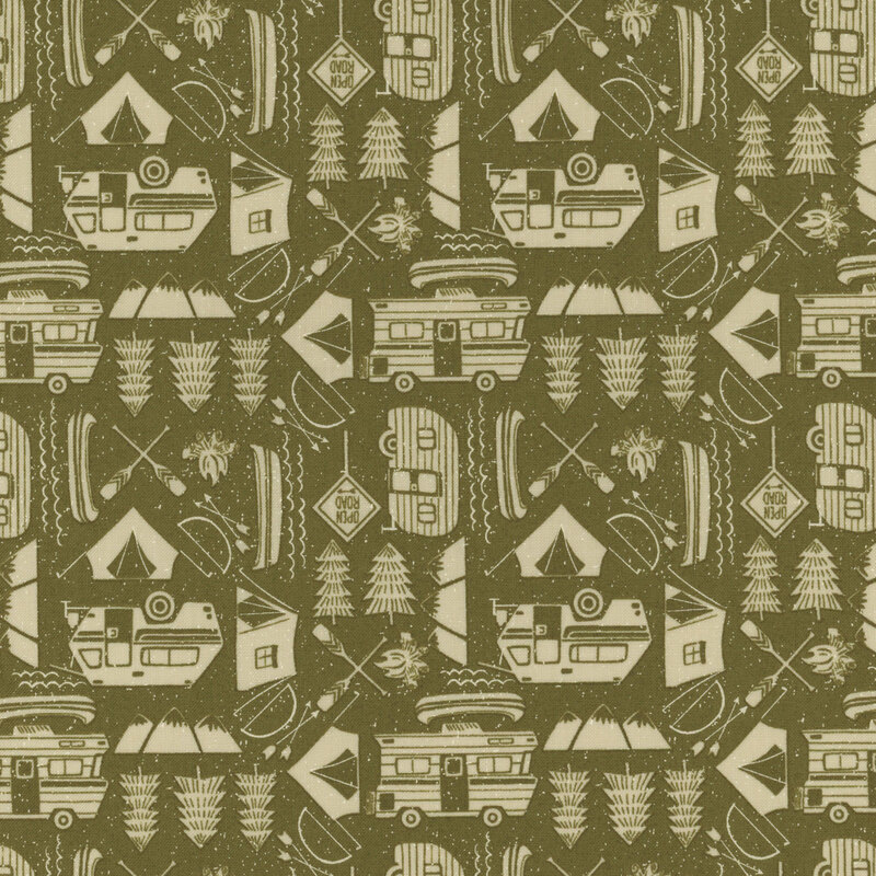 Green fabric with small cream colored camping motifs all over including RVs, tents, evergreens, oars, and canoes.