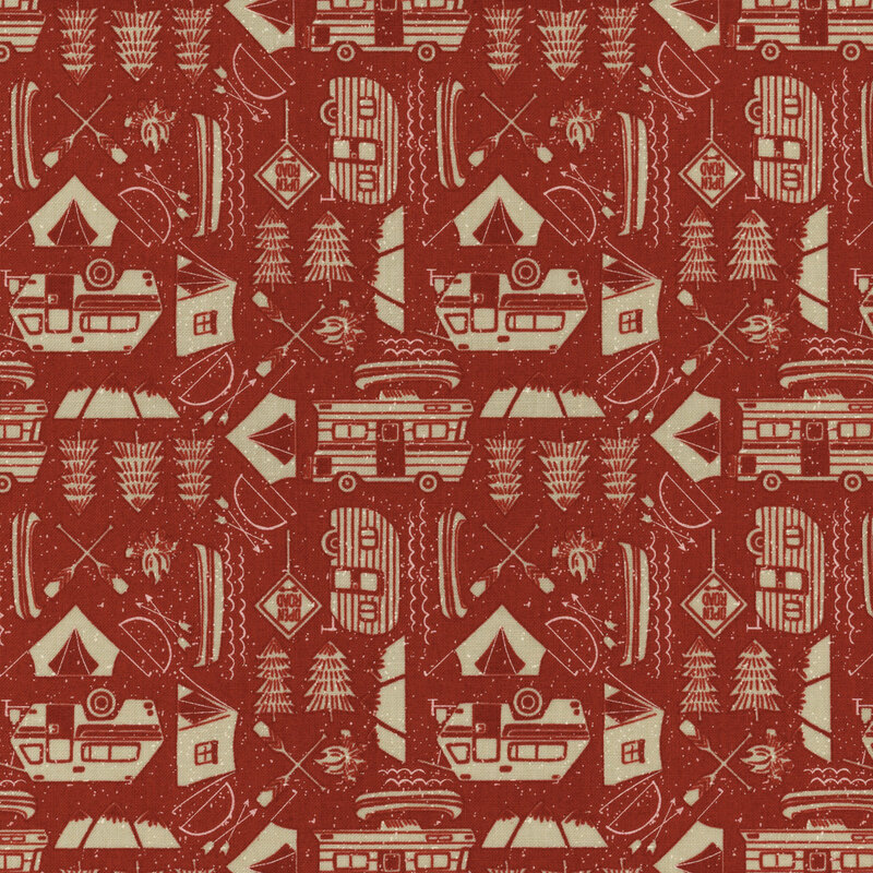 Brick red fabric with small cream colored camping motifs all over including RVs, tents, evergreens, oars, and canoes.