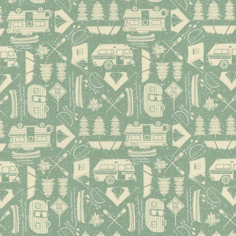 Dusty blue fabric with small cream colored camping motifs all over including RVs, tents, evergreens, oars, and canoes.