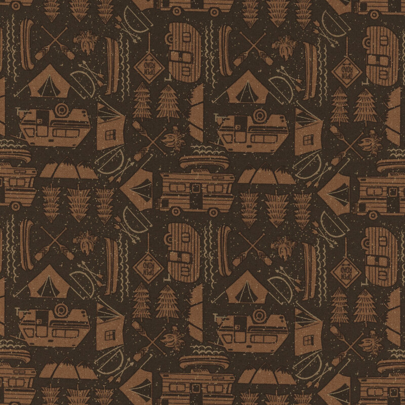 Brown tonal fabric with small camping motifs all over including RVs, tents, evergreens, oars, and canoes.