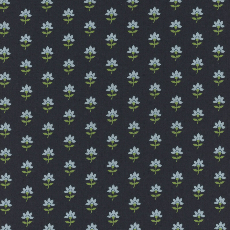 navy blue fabric with diagonal rows of light blue flowers