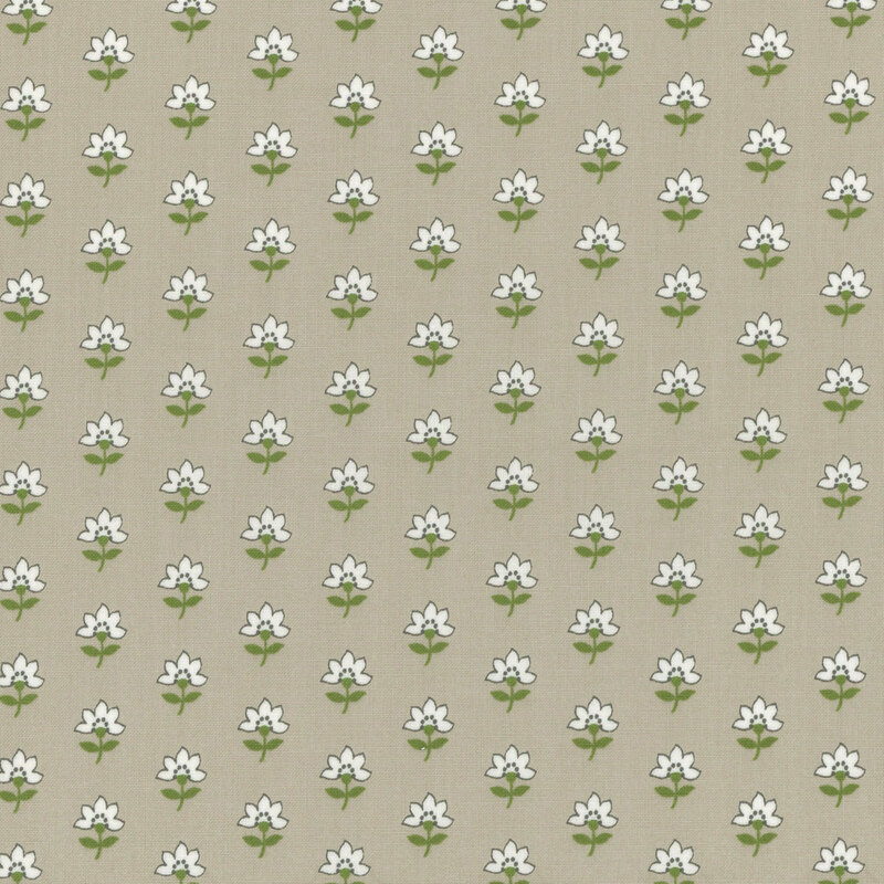 warm gray fabric with diagonal rows of white flowers