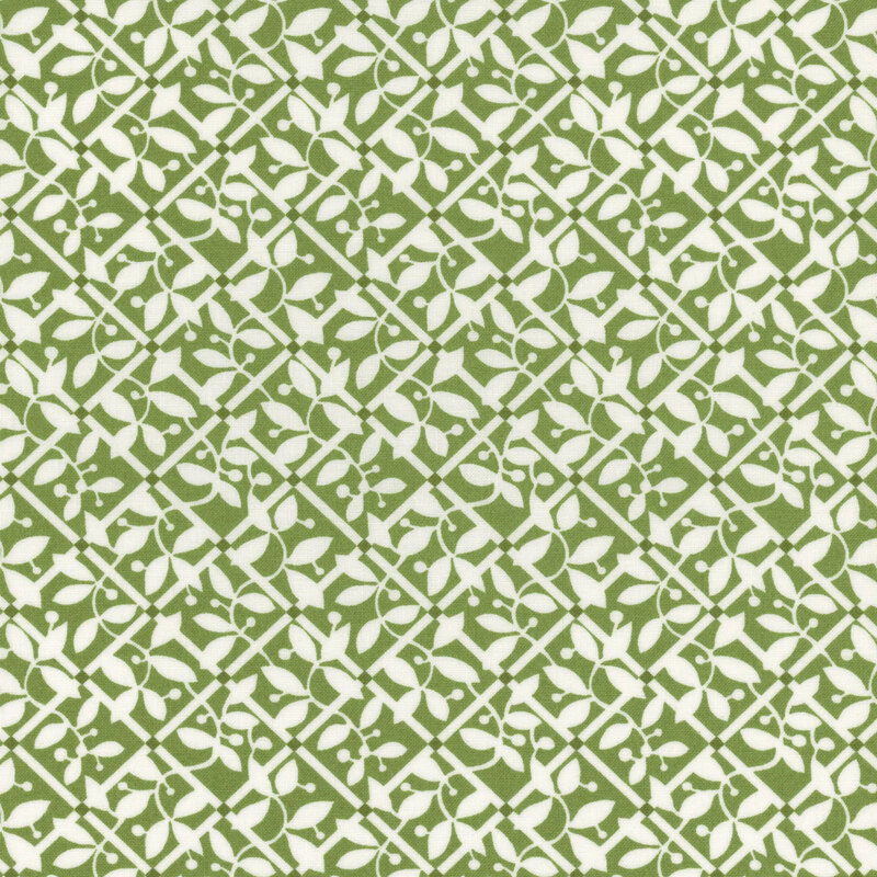 Meadow green fabric with a white mosaic pattern of white vines and leaves