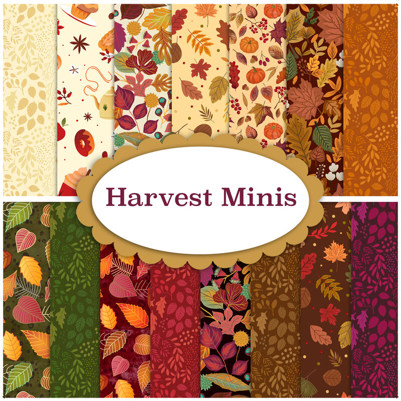 Composite image of the 20 SKUs in the Harvest Mini's collection, deep earth and jewel tones, creams, and orange accents. 