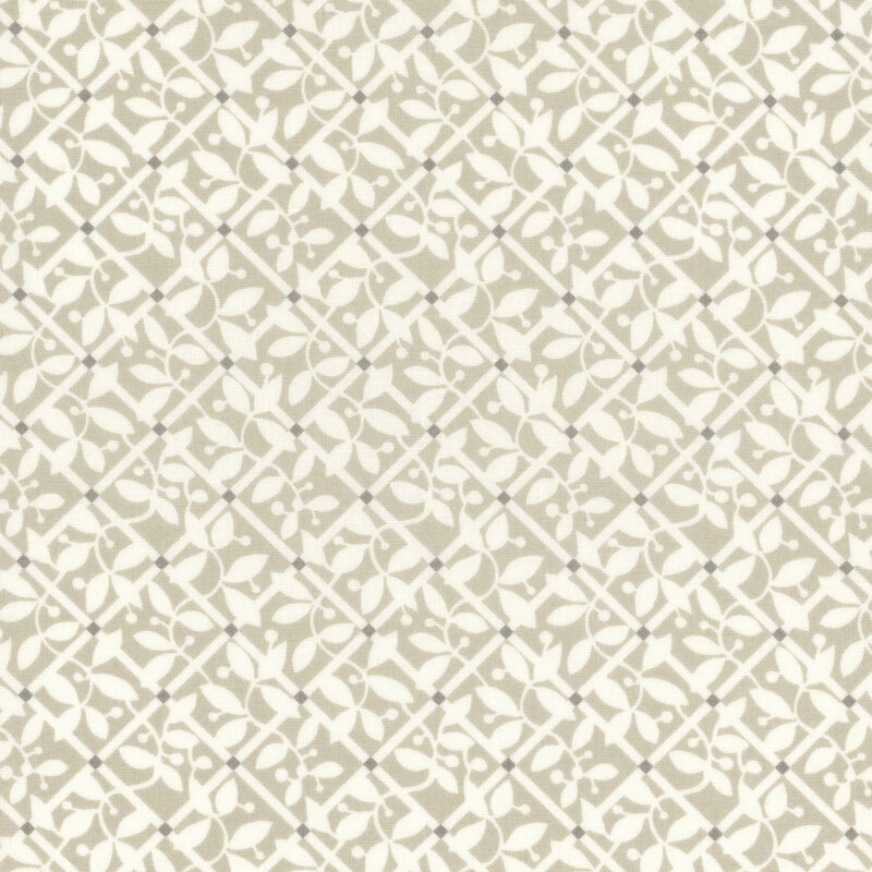warm gray fabric with a white mosaic pattern of white vines and leaves