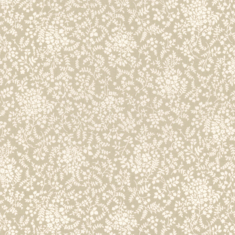 warm gray fabric with packed white flowers and leaves