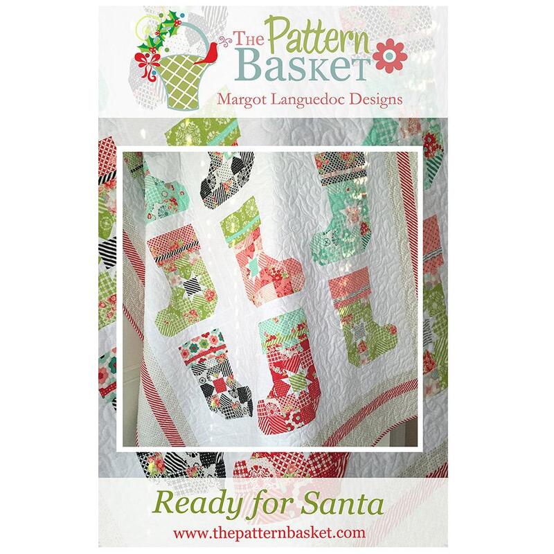 Front of Ready for Santa pattern, showing a snapshot of the finished quilt front, with about 6 full stockings visible