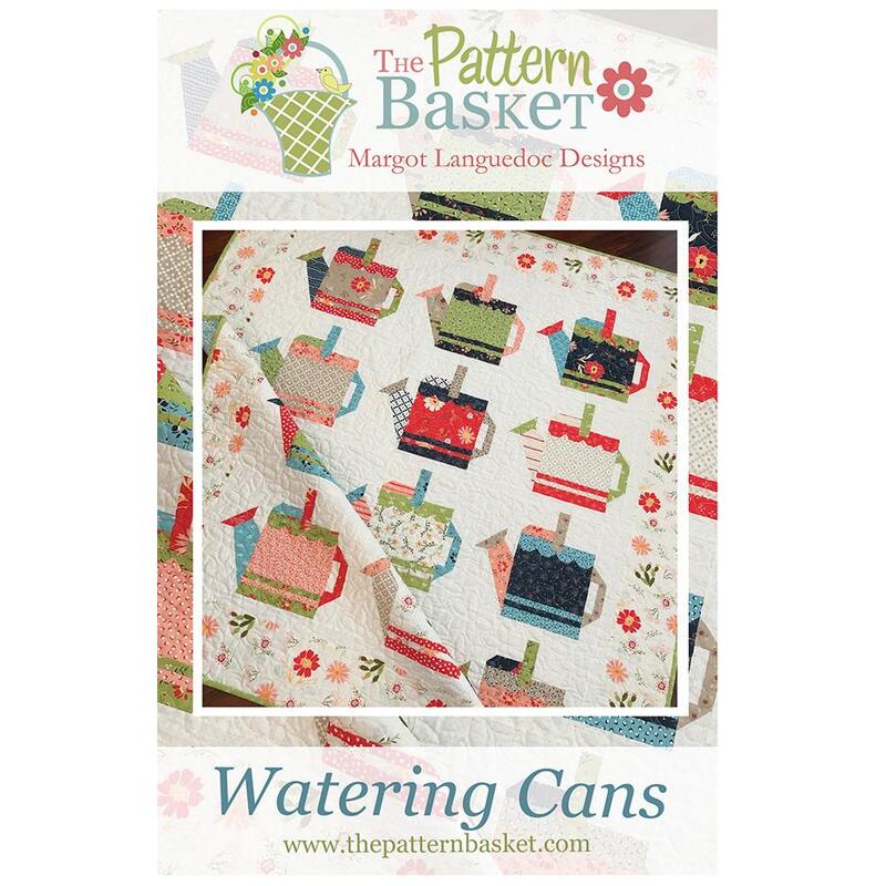 Front of pattern displaying an angled shot of the completed quilt, showing about 7 full watering cans and 2 partial watering cans