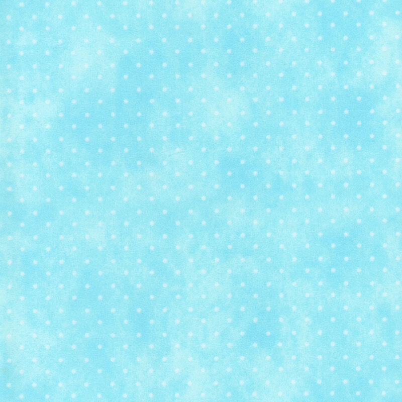 Mottled aqua fabric with small white polka dots.