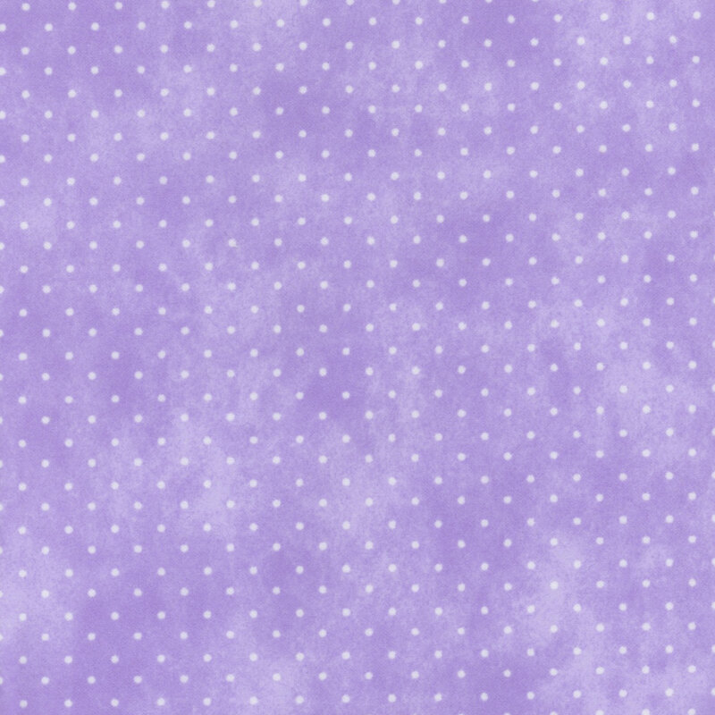 Mottled light purple fabric with small white polka dots.