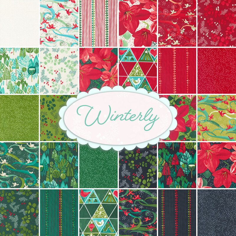 collage of Winterly fabrics, in shades of red, green, black, white, and teal, on a white background