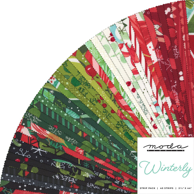 collage of Winterly jelly roll fabrics, in shades of red, green, black, white, and teal, on a white background