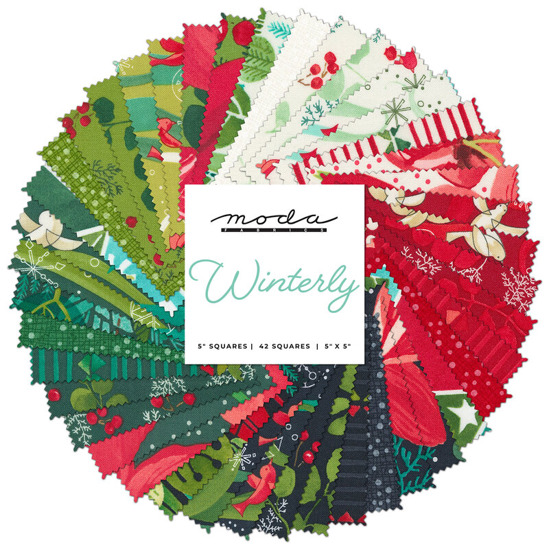 collage of Winterly charm pack fabrics, in shades of red, green, black, white, and teal, on a white background