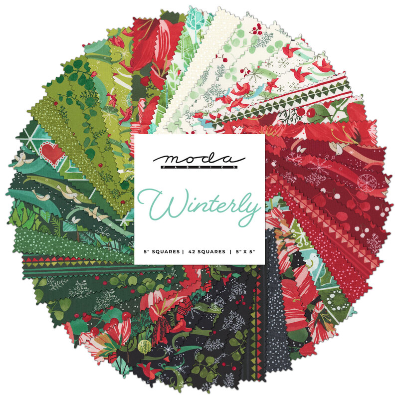 collage of Winterly charm pack fabrics, in shades of red, green, black, white, and teal, on a white background