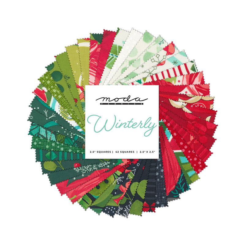 collage of Winterly mini charm pack fabrics, in shades of red, green, black, white, and teal, on a white background