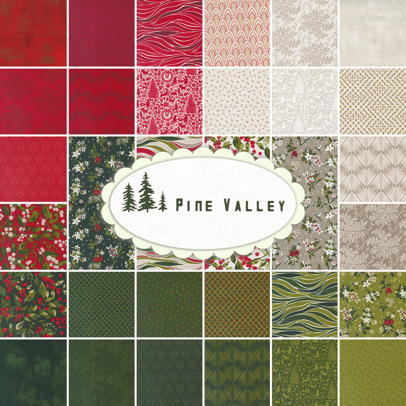 collage of pine valley fabrics, in warm shades of red, gray, white, and green