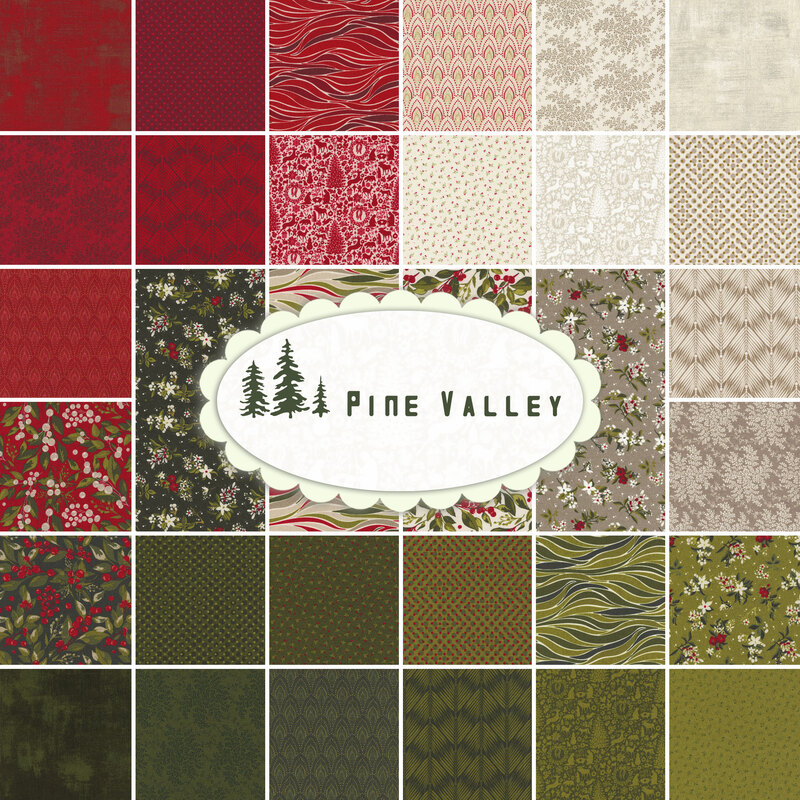 collage of pine valley fabrics, in warm shades of red, gray, white, and green