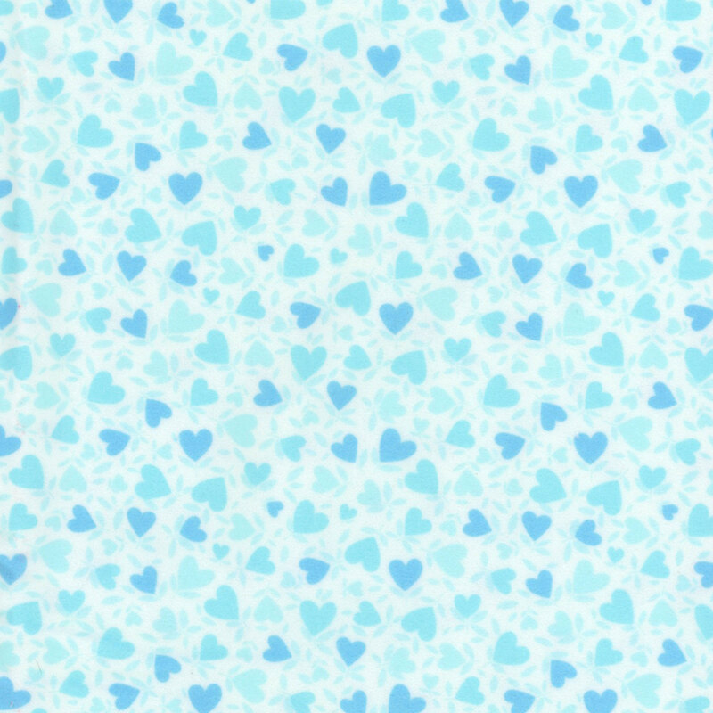 White fabric with a pattern of aqua hearts.