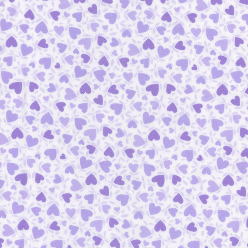 White fabric with a pattern of light purple hearts.
