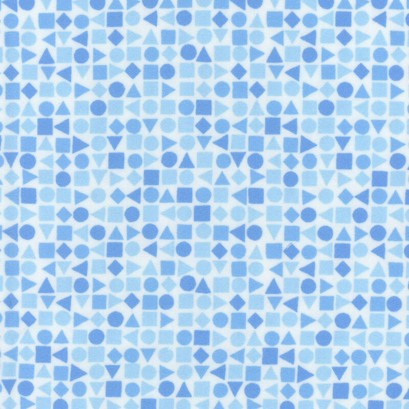 Blue geometric shapes on white fabric.