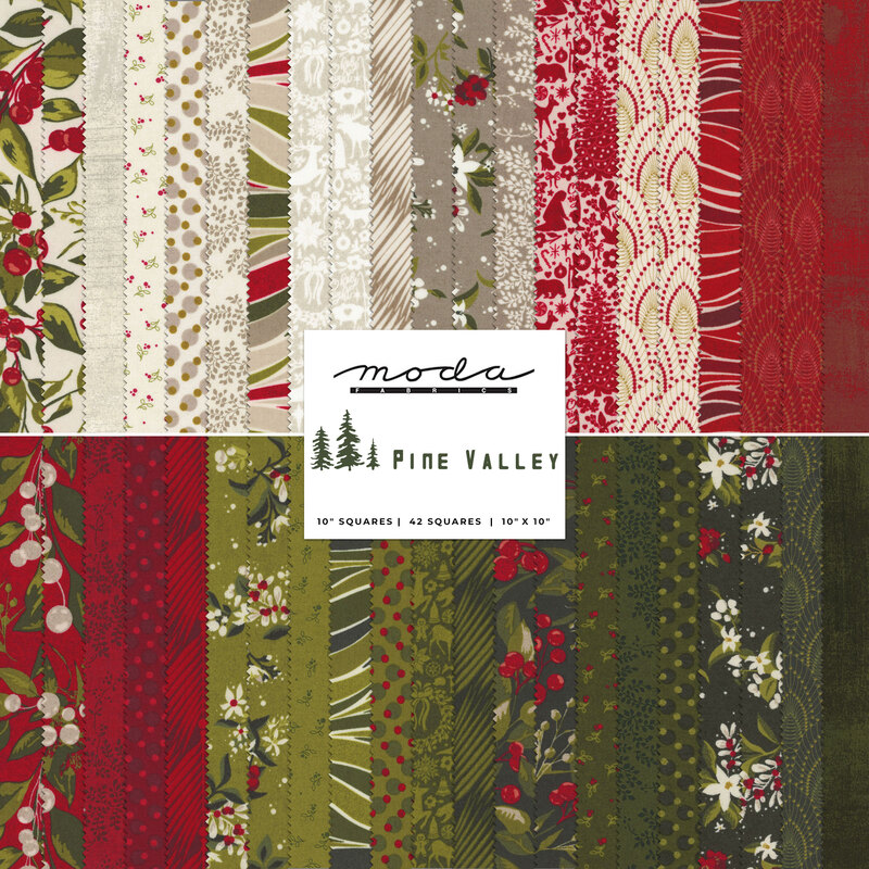 collage of pine valley fabric layer cake, in warm shades of red, gray, white, and green