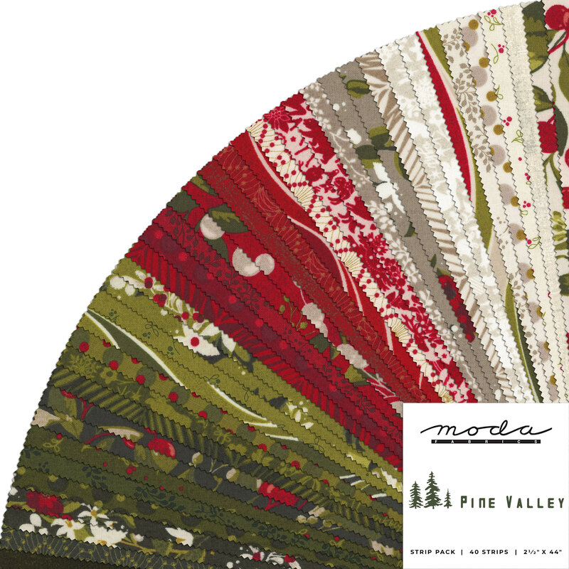 collage of pine valley fabrics in the jelly roll, in warm shades of red, gray, white, and green