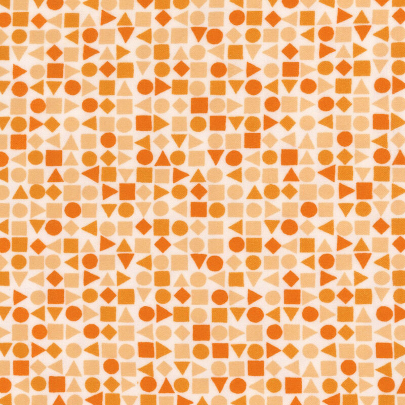 Orange geometric shapes on white fabric.