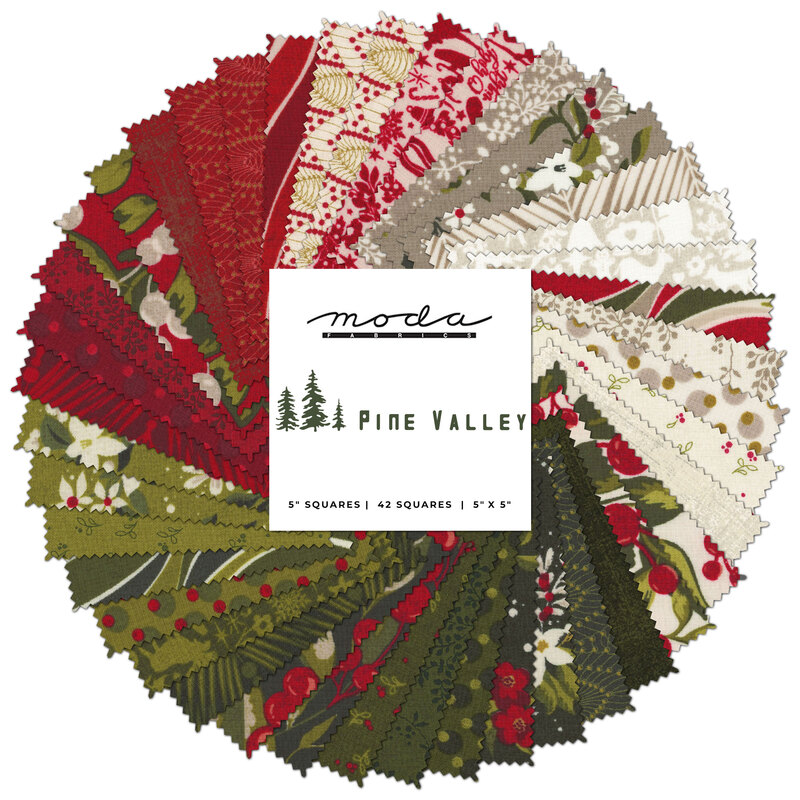 collage of pine valley fabrics in the charm pack, in warm shades of red, gray, white, and green