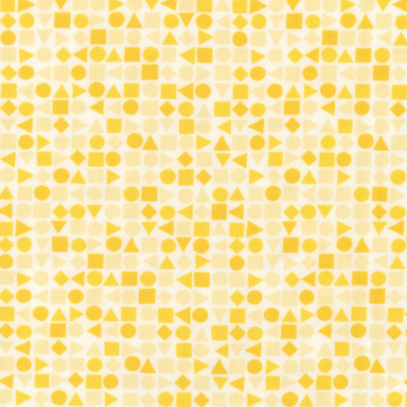 Yellow geometric shapes on white fabric.