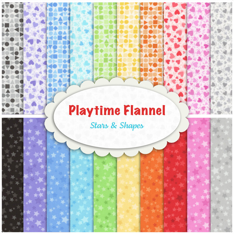 Collage of colorful shape and stars fabrics included in the Playtime Flannel Stars & Shapes Fat Quarter Set.