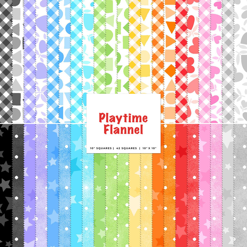 Collage of colorful fabrics included in the Playtime Flannels collection.