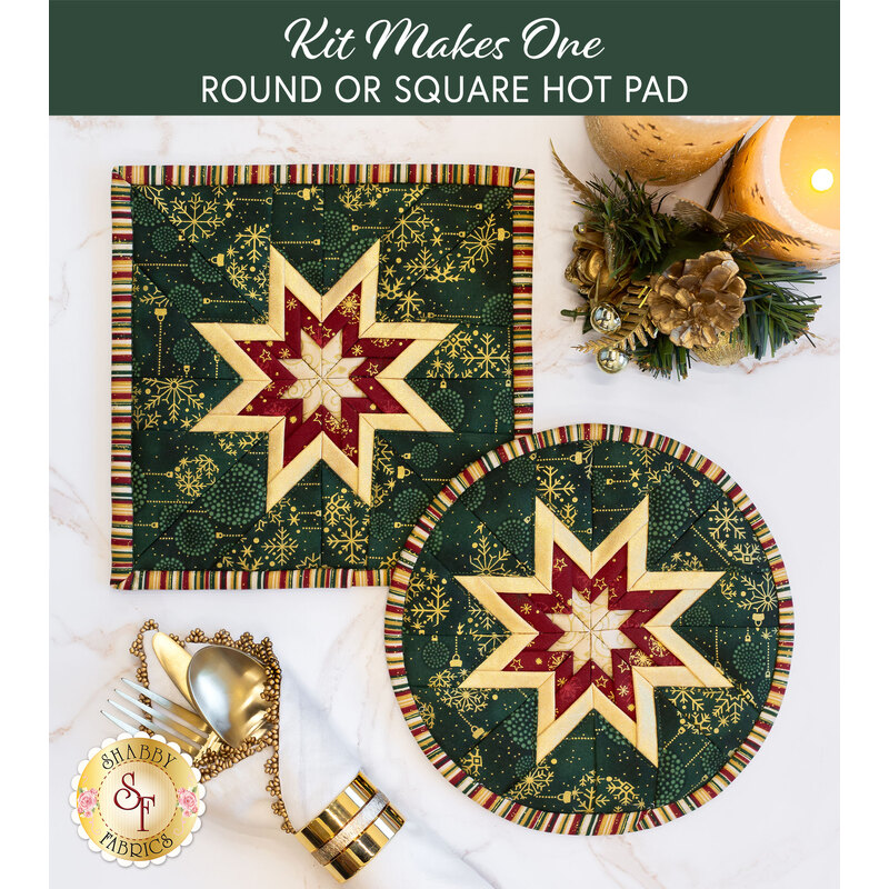 Top down photo of a pair of green hot pads made with metallic Christmas fabric on a white countertop with gold silverware, candles and decor on either side with the words 