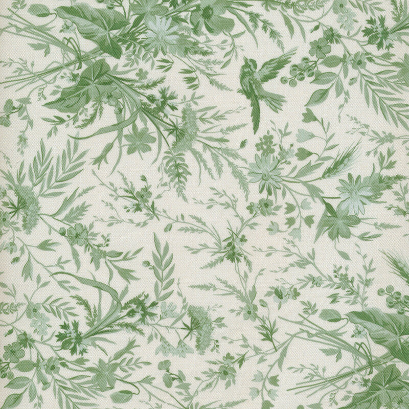 Green floral print with small songbirds against a light cream fabric.