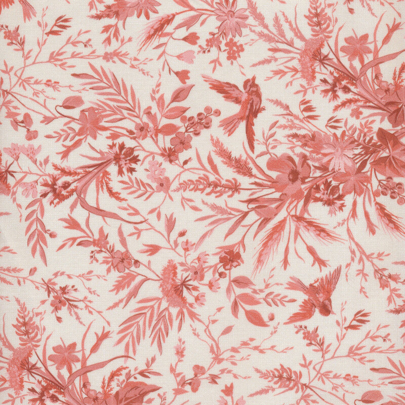 Pink floral print with small songbirds against a light cream fabric.
