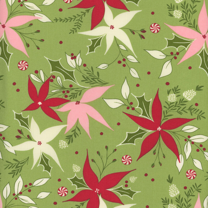Light green fabric with red, pink, and green stylized poinsettias with holly leaves, berries, and peppermint candies