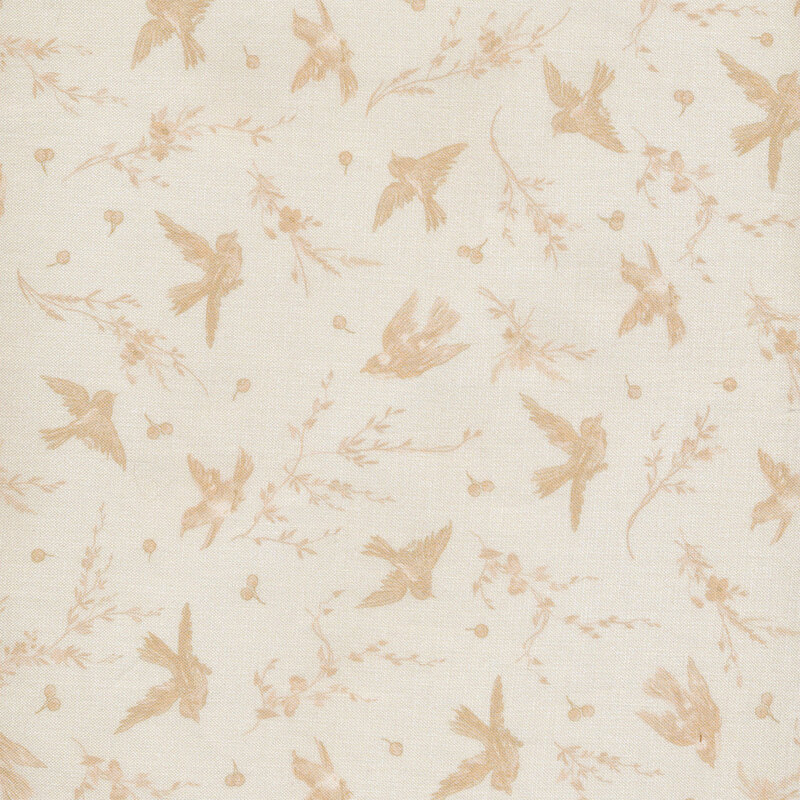 Beige birds, branches, and berries on light cream fabric.