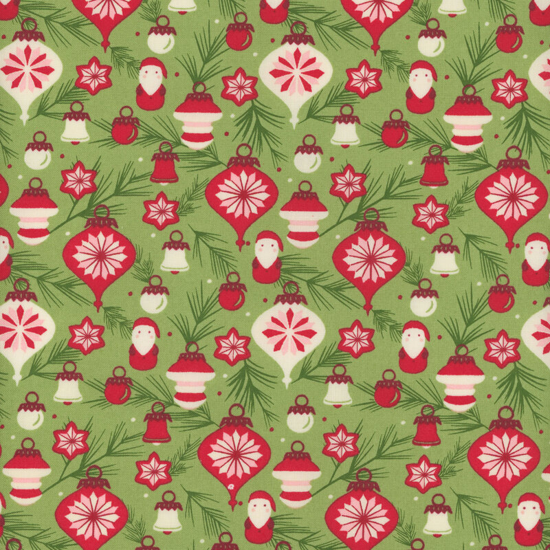 Light green fabric with green pine branches and assorted baubles in white, pink, and red with some Santa ornaments.