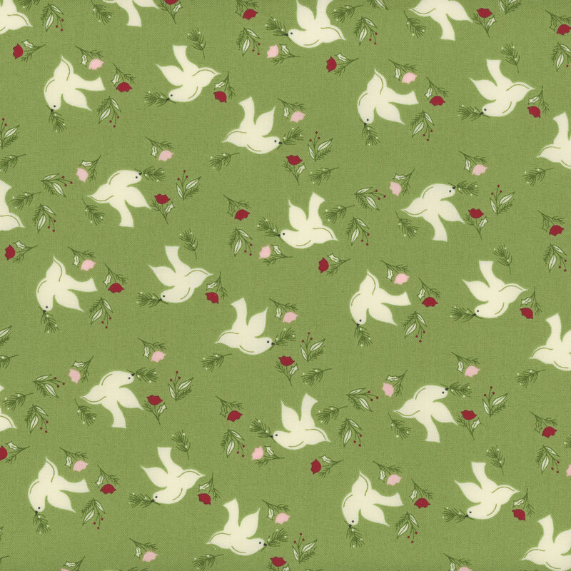 Light green fabric featuring doves, pink and red flowers tossed all over.